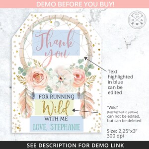 Op de afbeelding: Een witte cadeaulabel met een dromenvanger ontwerp, bloemmotieven en de tekst "Thank you". De label bevat de zinnen "For Running Wild With Me" en "Love, Stephanie". De label is ongeveer 5,7 cm x 7,6 cm groot.