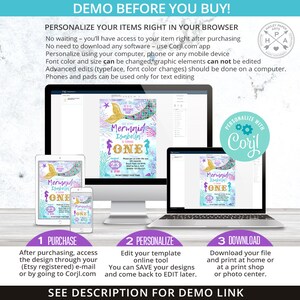 May include: A digital invitation template for a mermaid-themed first birthday party. The invitation features a mermaid with a glittery tail, a seashell, and the text "Mermaid Isabella Turns One". The invitation is customizable using the Corjl.com app.