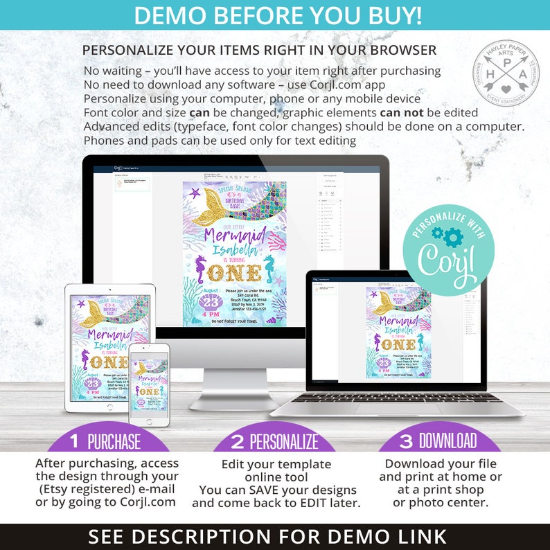 May include: A digital invitation template for a mermaid-themed first birthday party. The invitation features a mermaid with a glittery tail, a seashell, and the text "Mermaid Isabella Turns One". The invitation is customizable using the Corjl.com app.