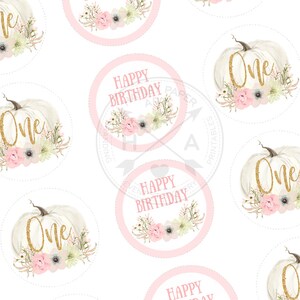 May include: White pumpkin with gold glitter "One" text and floral accents. Pink circles with "Happy Birthday" text and floral designs. A repeating pattern on a white background.