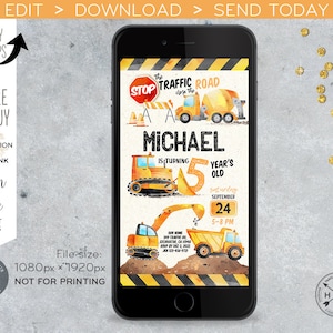 Construction electronic birthday party invitation. Truck yellow digger traffic road workers. Smartphone e-vite digital invite E180 01 180HPA