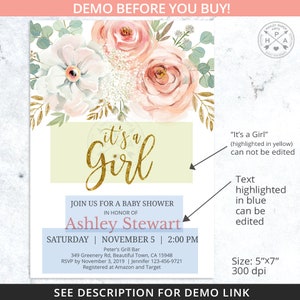 EDITABLE It's a Girl baby shower blush pink gold eucalyptus boho invitation. Instant access to the template. Customized by you. 120HPA 04 image 3