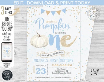 Pumpkin first birthday ONE invitation blue aqua gold glitter boy fall autumn party invite invitations. Editable template. 080HPA 01