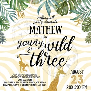 Jungle birthday invitation young wild three gold safari boy 3rd party animals elephant lion giraffe. Printable template. Editable. 040HPA 03 image 6