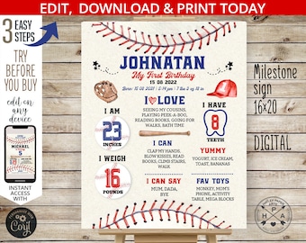 Baseball 1st birthday stats milestone poster sign. Little rookie year first sports board chalkboard. Self editable printable. 191HPA 16