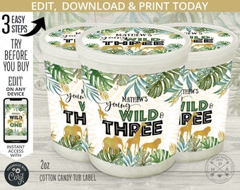 Jungle Young Wild Three cotton candy tub label, plastic container, safari animals, third 3rd birthday party editable printable. 040HPA 26 C