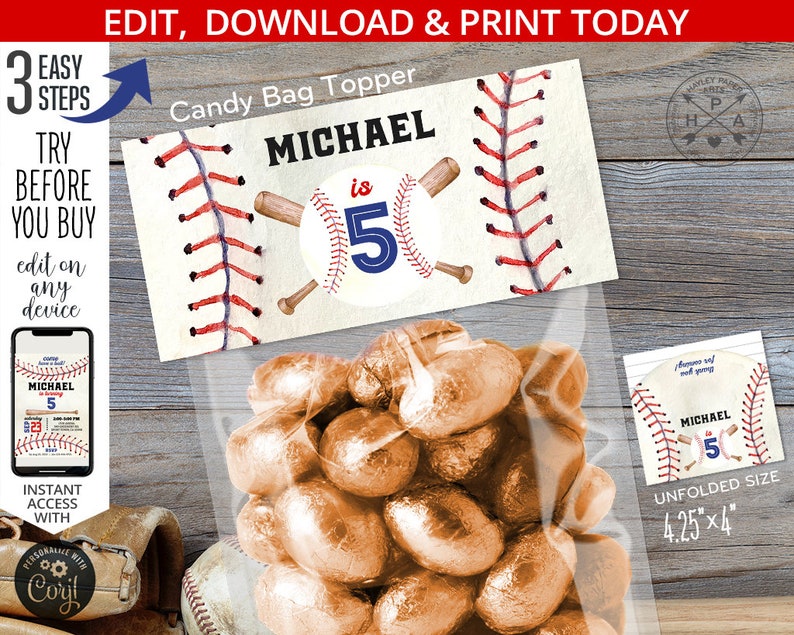 May include: Baseball-themed candy bag topper with red and white stitching, a blue baseball with the number 5 and the name Michael. The topper is 4.25 inches by 4 inches.
