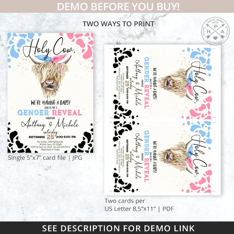 May include: A gender reveal party invitation with a watercolor illustration of a Highland cow with a pink and blue bandana. The text on the invitation reads "Holy Cow, We're having a baby! Gender Reveal, Anthony & Michele, September 25, 200-5:00 PM, Saturday".