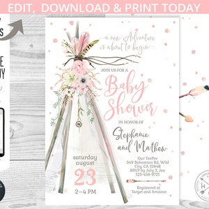 Puede incluir: Una invitaci&oacute;n de baby shower rosa y blanca con una ilustraci&oacute;n de acuarela de un tipi decorado con flores y plumas. El texto dice "Join us for a Baby Shower in honor of Stephanie and Mathew" e incluye la fecha, la hora y la ubicaci&oacute;n del evento.