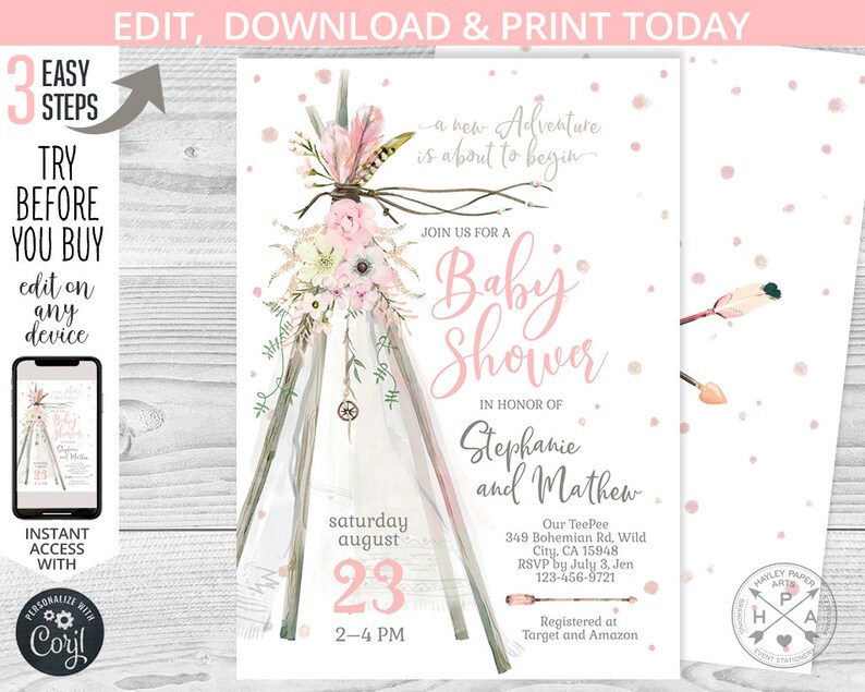 Puede incluir: Una invitaci&oacute;n de baby shower rosa y blanca con una ilustraci&oacute;n de acuarela de un tipi decorado con flores y plumas. El texto dice "Join us for a Baby Shower in honor of Stephanie and Mathew" e incluye la fecha, la hora y la ubicaci&oacute;n del evento.