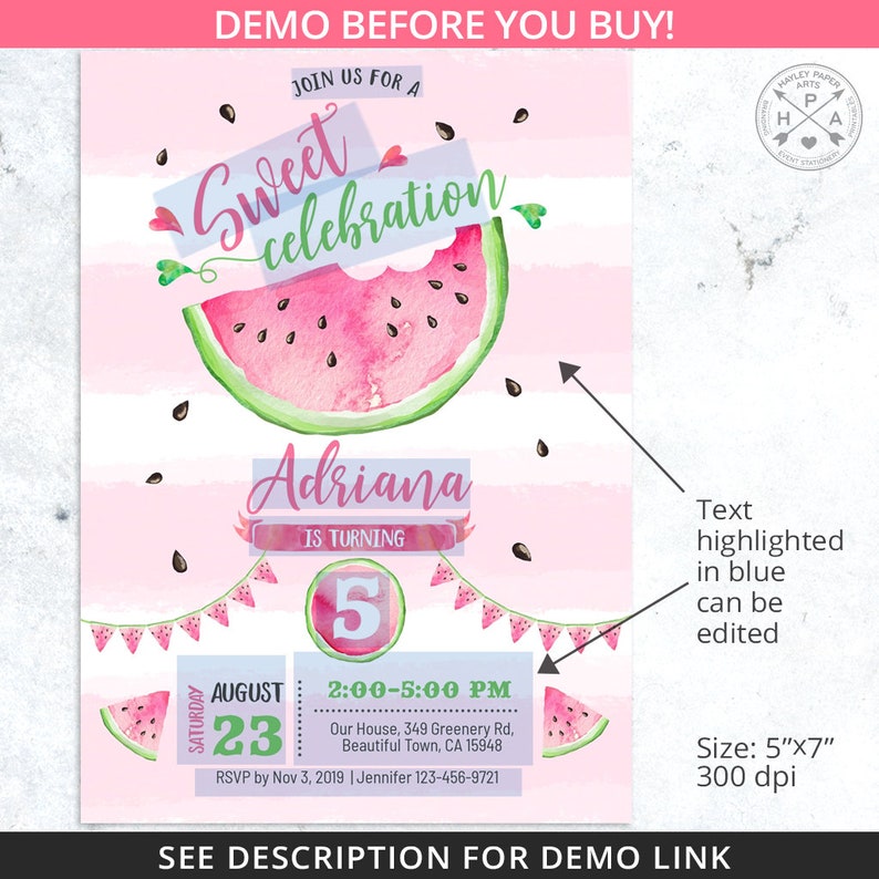 May include: Watermelon themed birthday party invitation with pink and white stripes, a watermelon illustration, and the text "Sweet Celebration". The invitation is for Adriana's 5th birthday party on August 23rd from 2:00-5:00 PM. The address and RSVP information are included.