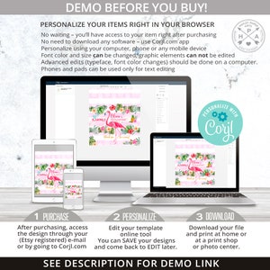 May include: A digital mockup showing how to personalize a printable flamingo party favor tag using the Corjl.com website. The tag features a pink flamingo with the text "Olivia's 5th Ramingle" and a tropical leaf design. The tag is shown on a computer screen, tablet, and phone.
