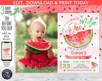 One in a melon birthday photo invitation watermelon red pink first 1st b-day girl party invite invitations. Editable template. 051HPA 02