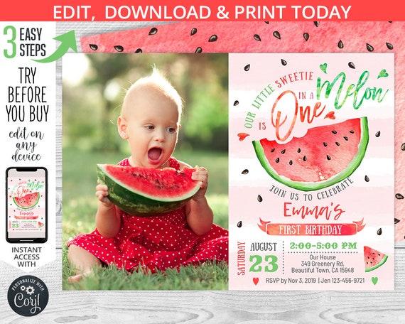 One in a melon birthday photo invitation watermelon red pink first 1st b-day girl party invite invitations. Editable template. 051HPA 02 Il_570xn