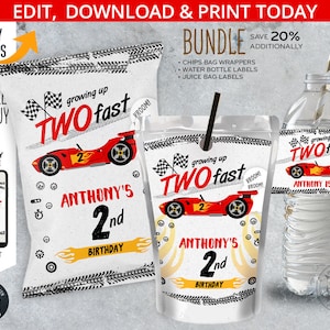 BUNDLE Two fast race car chips bag, juice bags, water bottle labels, racing car speed 2 birthday party. Online template. 197HPA 40