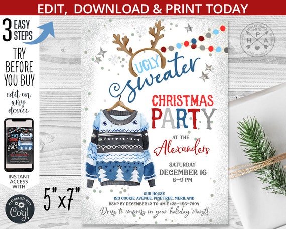 Ugly sweater invitation. Christmas party holiday eat drink and be ugly card. Blue silver sweater antlers. Editable printable. 205HPA 22 D Il_570xn
