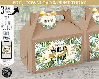 Étiquettes cadeaux Wild One Jungle pour boîtes à pignons, porte-noms d'invités. Poignée anniversaire pour plats à emporter. Animaux Safari dorés. Modèle modifiable. 040HPA 28 °C