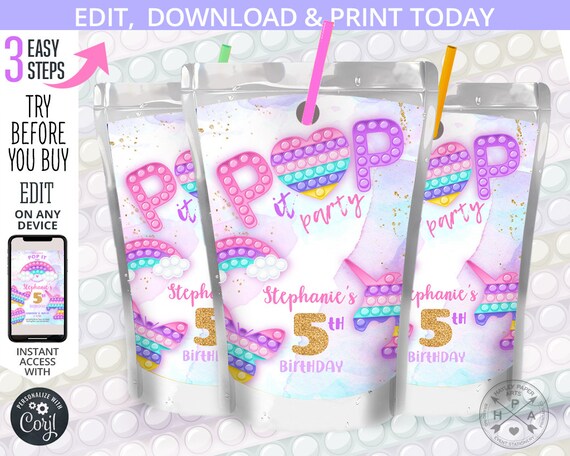 Pop it juice bag label, capri juice bags, fidget toys favor pouch, unicorn, toy birthday party favour wrapper. Editable template 175HPA 31 F Il_570xn