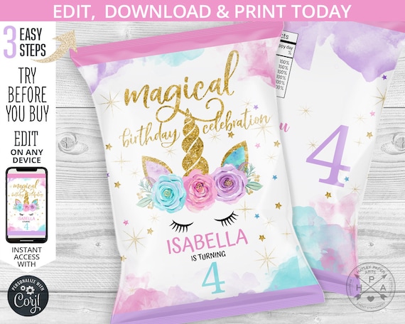 Unicorn magical chips bag, snacks treat bags, unicorn chip bag, chips pouch, favors, any age birthday party editable template. 046HPA 30 C Il_570xn