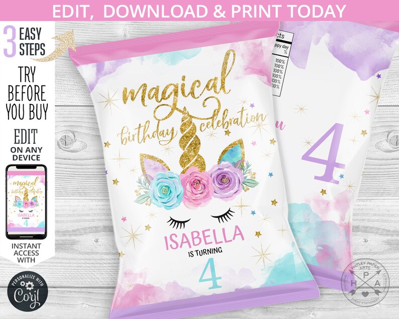 Unicorn magical chips bag, snacks treat bags, unicorn chip bag, chips pouch, favors, any age birthday party editable template. 046HPA 30 C image 1