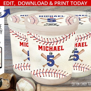Baseball Zuckerwatte Wanne Etikett, Bevorzugung Behälter Etiketten, jedes Alter Sport Junge Rookie Baseball Geburtstagsparty. Digital druckbar. 191HPA 35 A