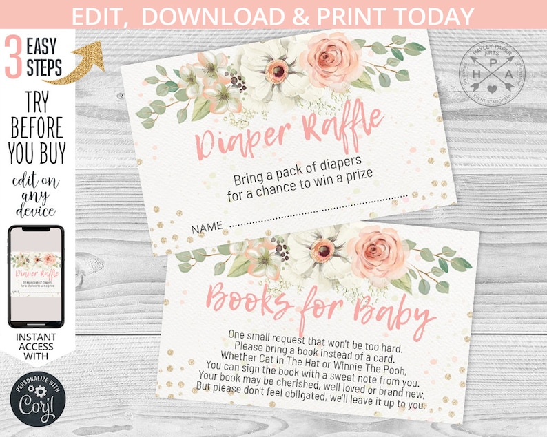 Instant access 002HPA 05 EDITABLE Floral blush pink diaper raffle book request eucalyptus books for baby confetti cards Pumpkin party