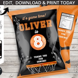 Basketball chips bag birthday party ball sports game time favor pack snacks pouch wrapper. Editable printable. 218HPA 30 E