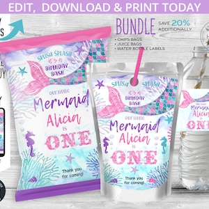 BUNDLE Mermaid chips bag, juice bag labels, water bottle label, snacks treat, chips pouch, any age birthday. Editable template 060HPA 61