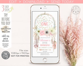 Dreamcatcher little one electronic invitation pink pastel first wild birthday smartphone e-vite, digital invite. Selfediting. E200 01 200HPA