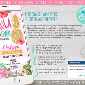 Hawaiian luau pineapple electronic birthday invitation any age tropical pool party smartphone e-vite digital. Selfediting. E187 01 187hpa image 3