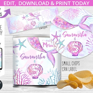 Mermaid mini chips can label under the sea birthday pink purple can cover girl snacks party favor. Editable printables. 199HPA 18 A image 1