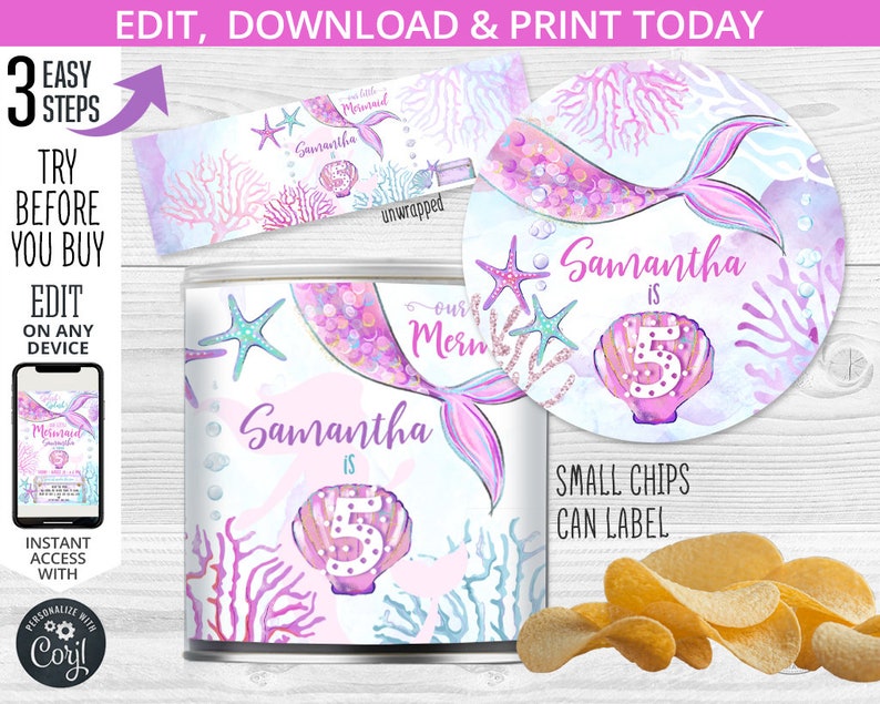 Mermaid mini chips can label under the sea birthday pink purple can cover girl snacks party favor. Editable printables. 199HPA 18 A image 1