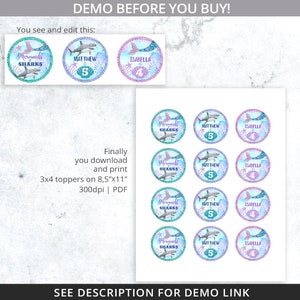 May include: Printable 3x4 inch cupcake toppers featuring a mermaid and shark theme. The toppers include the text "Mermaids & Sharks" and the names "Isabella", "Matthew", and the numbers "4" and "5".
