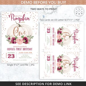 May include: A printable first birthday invitation featuring a white pumpkin with gold glitter and the word "One" in gold glitter. The pumpkin is decorated with pink and burgundy flowers. The invitation has a gold glitter background and the text "Our Little Pumpkin is Turning One" at the top. The text "Join us to celebrate Olivia's First Birthday" is at the bottom of the invitation. The invitation is available in two sizes: 5x7 inches and 8.5x11 inches.