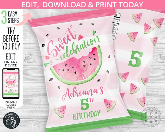 Melon sweet celebration chip bag, snacks treat bags, watermelon chips pouch, favors, any age birthday party. Editable template. 053HPA 18 Il_570xn