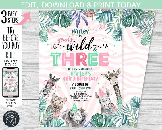 Jungle safari Young Wild Three birthday invitation girl third 3rd party animals lion elephant giraffe. Printable editable template 125HPA 03 Il_570xn