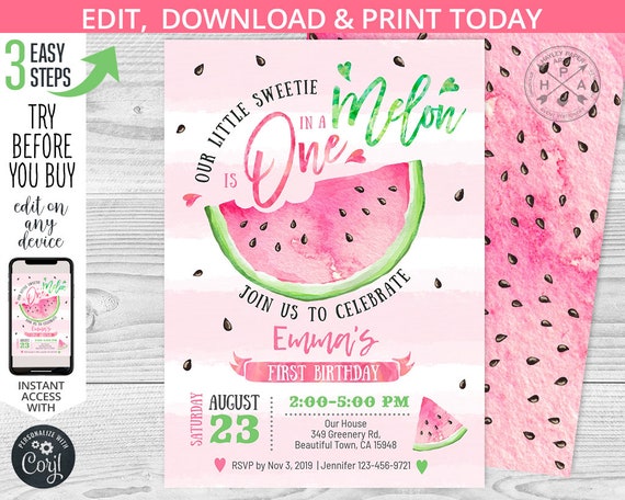 Watermelon birthday invitation one in a melon pink first 1st b-day girl summer party invite invitations. Editable template. 050HPA 01 Il_570xn
