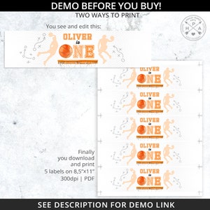 May include: Basketball-themed label design with the text "OLIVER is ONE". The design includes basketball silhouettes, a basketball, and a hoop. The labels are designed to be printed on A4 paper. The image also includes the text "DEMO BEFORE YOU BUY!"