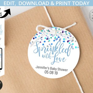 Confeti EDITABLE salpicado con etiqueta de ducha redonda azul 2x2 love favor boy. Acceso instantáneo a la plantilla. Editado por ti. 034HPA 06