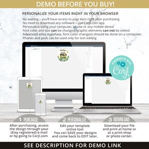 Peut inclure: Une maquette num&eacute;rique montrant comment personnaliser un design imprimable &agrave; l'aide du site Web Corjl.com. Le design pr&eacute;sente un cercle vert et or avec le texte "First Birthday You're Wild One".