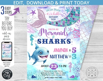Mermaids and sharks joint birthday under the sea invitation double sibling sister brother girl boy party. Editable printable 063HPA 01