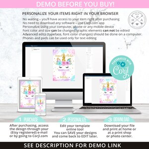 May include: A digital mockup showing how to personalize a printable unicorn birthday sign using the Corjl.com website. The sign features a watercolor background with a unicorn, flowers, and the text "magical celebration" and "Isabella's 5th birthday".