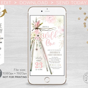 TeePee boho wild one elektronische uitnodiging eerste verjaardag tribal meisje blush roze smartphone e-vite, sms digitale uitnodiging. E107 01 107HPA