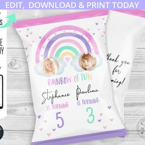 Rainbow joint birthday girls chips bag, pink purple pastel clouds chip pouch, any age sisters party wrapper, editable template. 181HPA 30 D