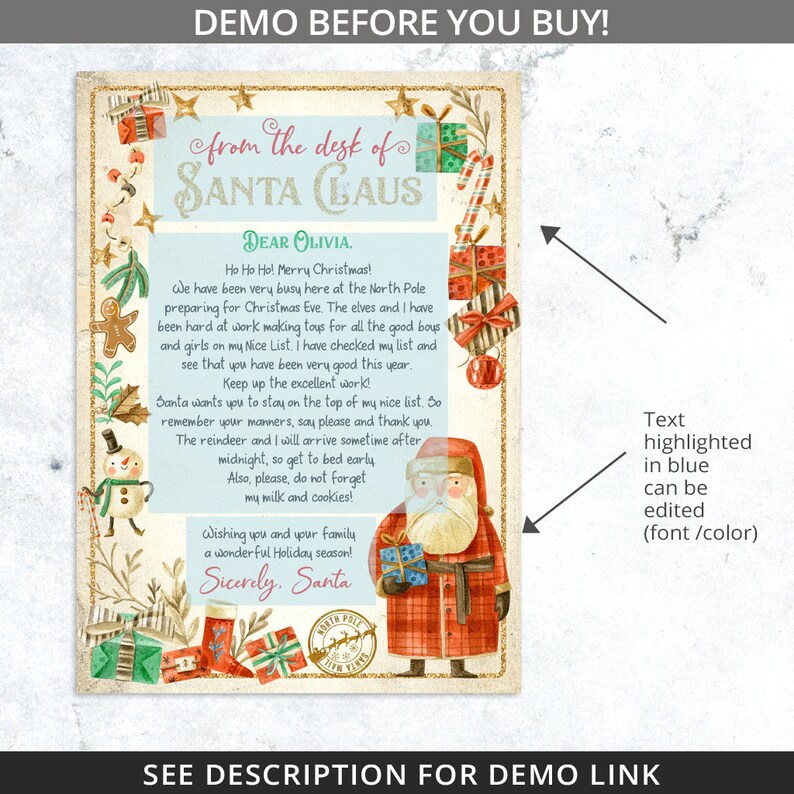 May include: A printable Christmas letter from Santa Claus to a child named Olivia. The letter is decorated with festive illustrations of Santa, elves, presents, and candy canes. The text is written in a whimsical font and includes a message from Santa about the importance of being good and leaving out milk and cookies.