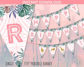 Happy Birthday banner jungle safari animals wild one first birthday girl 1st party garland pink gold. DIY instant download. 041HPA 14 C