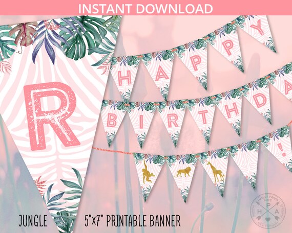 Happy Birthday banner jungle safari animals wild one first birthday girl 1st party garland pink gold. DIY instant download. 041HPA 14 C Il_570xn