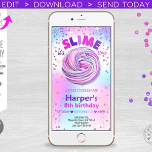 以下が含まれることがあります： スライムをテーマにした8歳の誕生日パーティーのデジタル招待状。招待状には、カラフルなスライムの渦巻きと「It's Slime Time」の文字、ピンクのハートと「Harper's 8th Birthday」の文字が書かれています。招待状には、パーティーの日時と場所も記載されています。
