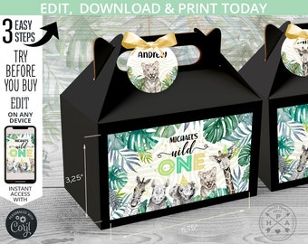 BEWERKBARE Safari gevel geschenkdooslabels. Behandel de tags voor gunstafhaaldozen. Jungle dieren verjaardag wilde. Zelf bewerkbare sjablonen. 124 pk 28