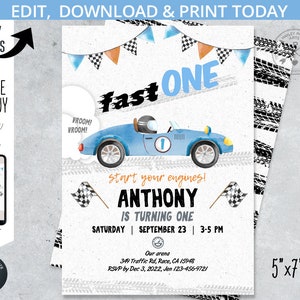 Fast ONE vintage race car birthday invitation, one speed 1st birthday party racing blue black retro car party. Editable printable. 212HPA 05 image 1